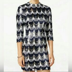 Crystal Doll Navy/Silver Scalloped Sequin OpenBack Bodycon Dress, Small/Medium